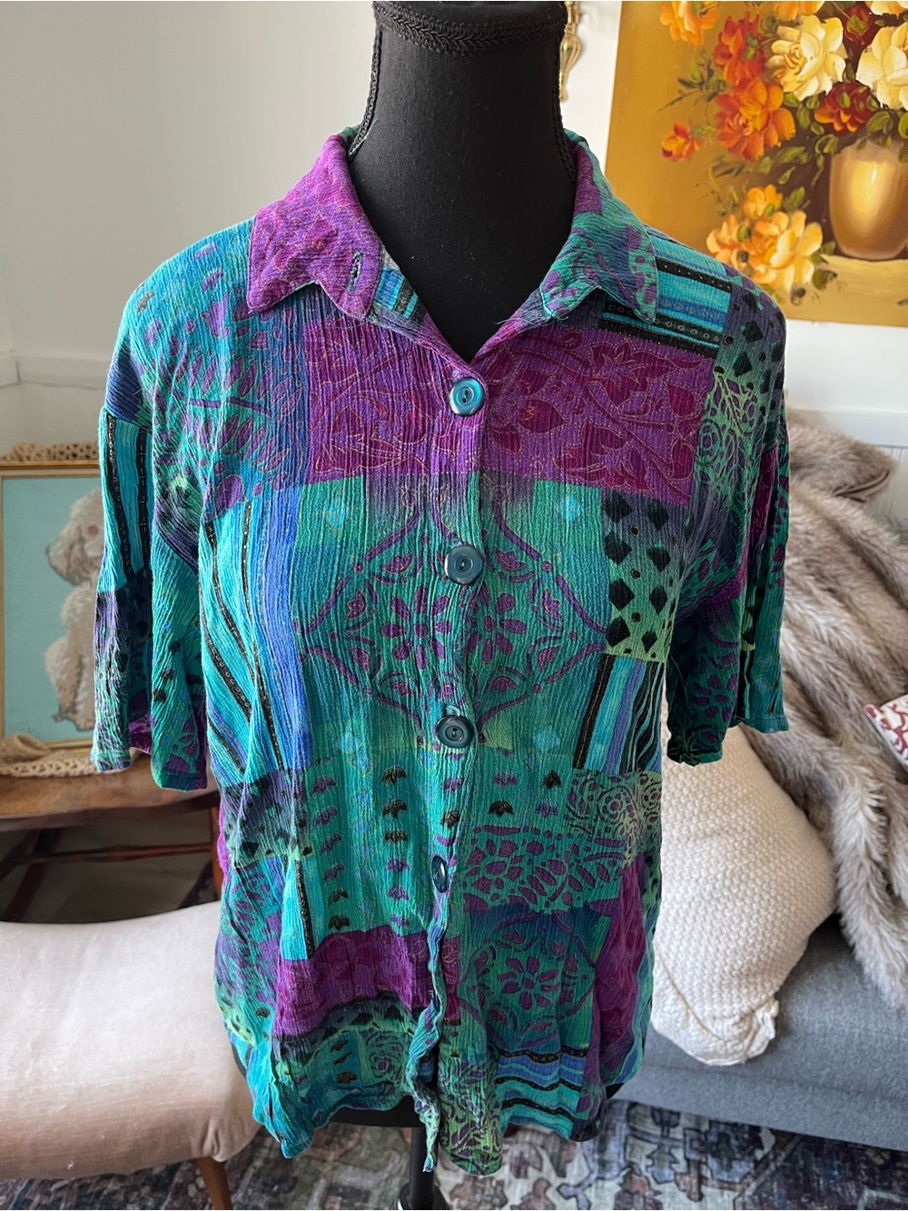 Women’s Vintage Teal, Purple & Black Button Front Shirt Size M fit - Picture 3 of 8